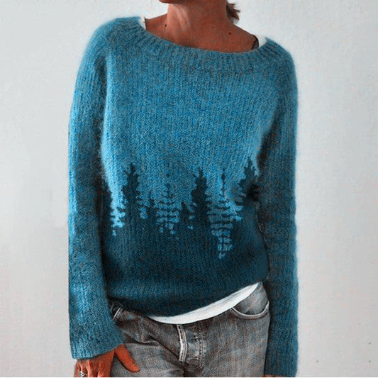Women's Retro Pullover – Blue Knit Sweater with Vintage Pattern