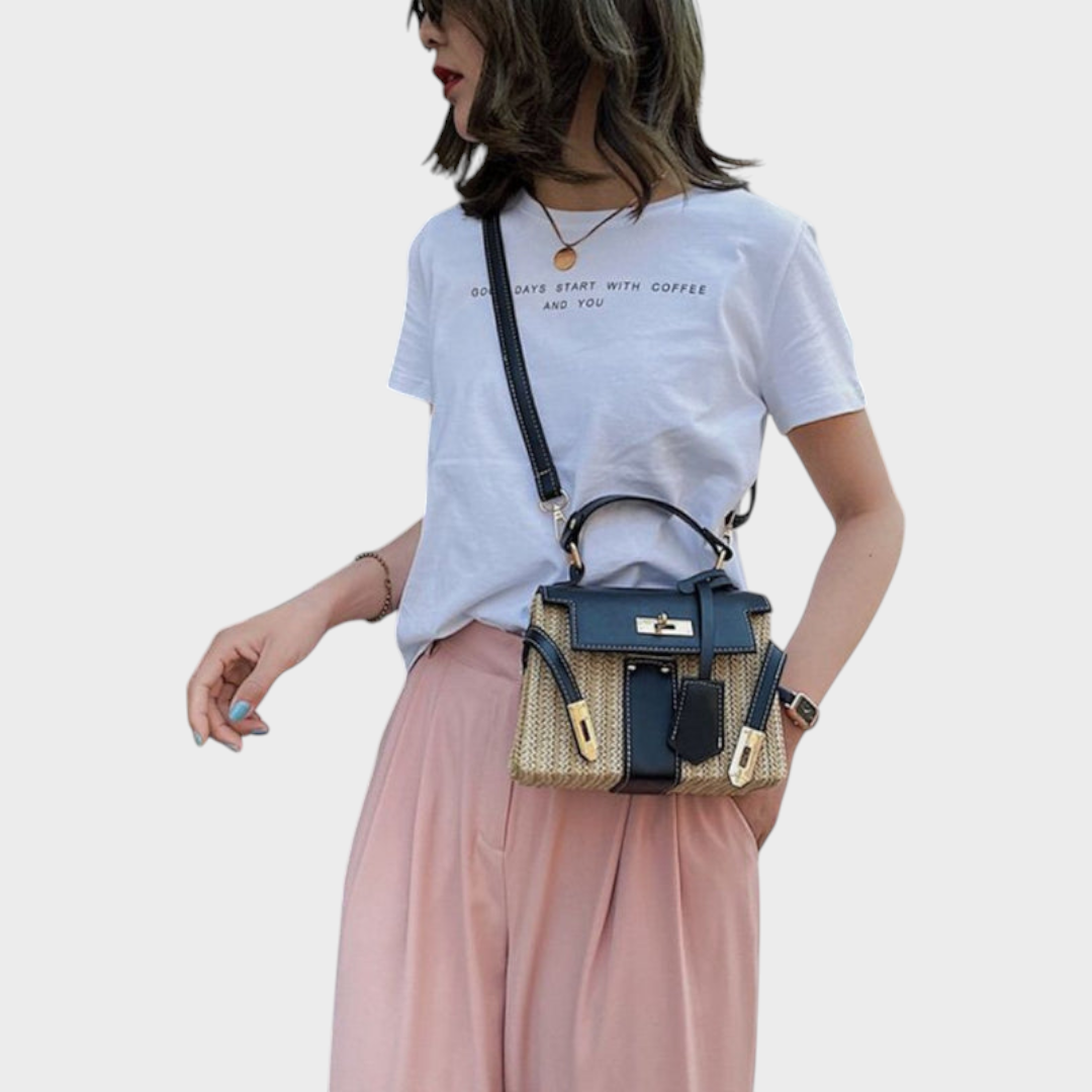 Women's Woven Straw Leather Mini Crossbody Bag | Tan Turn-Lock Smart Casual Everyday Handbag | Smart Casual Going Out Everyday Bag