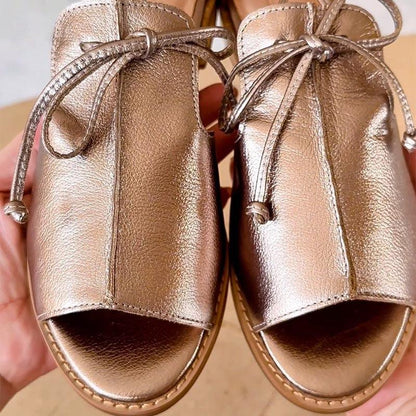 Elegant Flat Metallic Women's Sandals | Women's Strappy Summer Bow Sandals | Glossy Comfortable Flat Women's Sandals