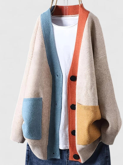 Damen-Cardigan mit Farbblockdesign und offenem Vorderteil | Gemütlicher lässiger Cardigan mit auffälligem Kontrastrand und Knöpfen | Lässige Strickkleidung für Herbst und Winter im Alltag