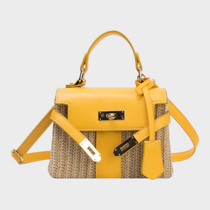 Women's Woven Straw Leather Mini Crossbody Bag | Tan Turn-Lock Smart Casual Everyday Handbag | Smart Casual Going Out Everyday Bag