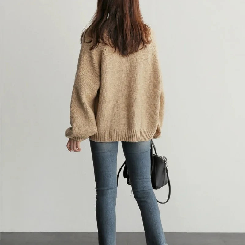 Strik Cardigan Dame – Beige Lounge Cardigan med Oversized Ærmer