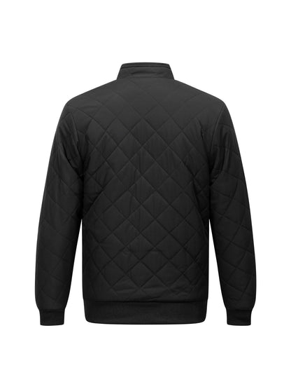 Men's Quilted Fleece-Lined Bomber Jacket | Warm Diamond-Stitch Black Casual Everyday Bomber | Smart Casual Everyday Autumn Winter Outerwear