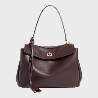 Ledertasche für Damen mit Tragegriff | Strukturierte bordeauxrote Umhängetasche mit Drehverschluss | Elegant-lässige Alltagstasche zum Ausgehen