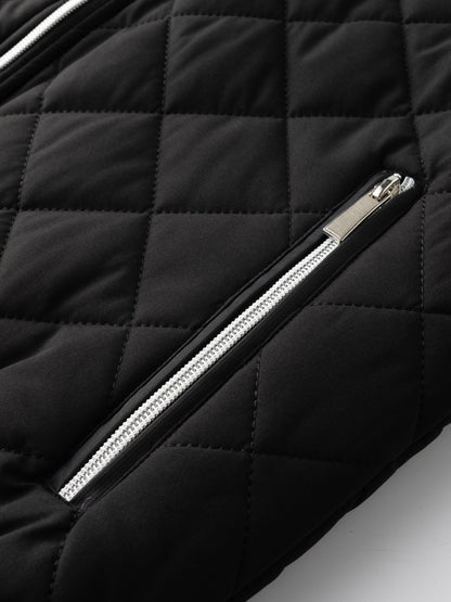 Men's Quilted Fleece-Lined Bomber Jacket | Warm Diamond-Stitch Black Casual Everyday Bomber | Smart Casual Everyday Autumn Winter Outerwear
