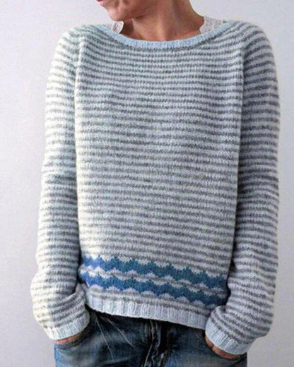 Retro Pullover Dame – Blå Striktrøje med Vintage Mønster