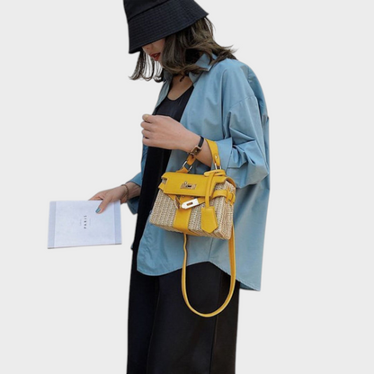Women's Woven Straw Leather Mini Crossbody Bag | Tan Turn-Lock Smart Casual Everyday Handbag | Smart Casual Going Out Everyday Bag
