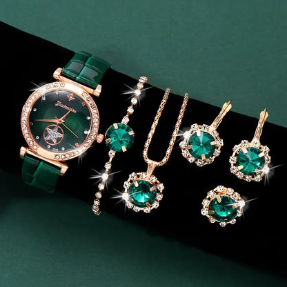 Damen-Geschenkset mit grünem Kristallschmuck | Set aus Uhr, Armband, Ohrringen und Halskette mit Smaragd-Kristallen | Elegantes Schmuckset zum Ausgehen
