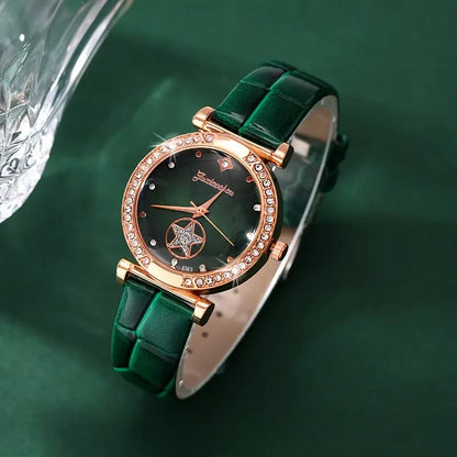 Damen-Geschenkset mit grünem Kristallschmuck | Set aus Uhr, Armband, Ohrringen und Halskette mit Smaragd-Kristallen | Elegantes Schmuckset zum Ausgehen