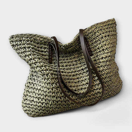 Women's Crochet Raffia Woven Tote Bag | Large Olive Green Casual Summer Holiday Shoulder Bag | Casual Everyday Summer Holiday Bag