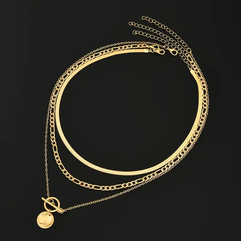 Damen-Set aus mehreren goldfarbenen Halsketten | 3-teiliges Set mit Fischgrätkette, Perlen- und Münzanhänger | Lässiger Alltagsschmuck zum Ausgehen