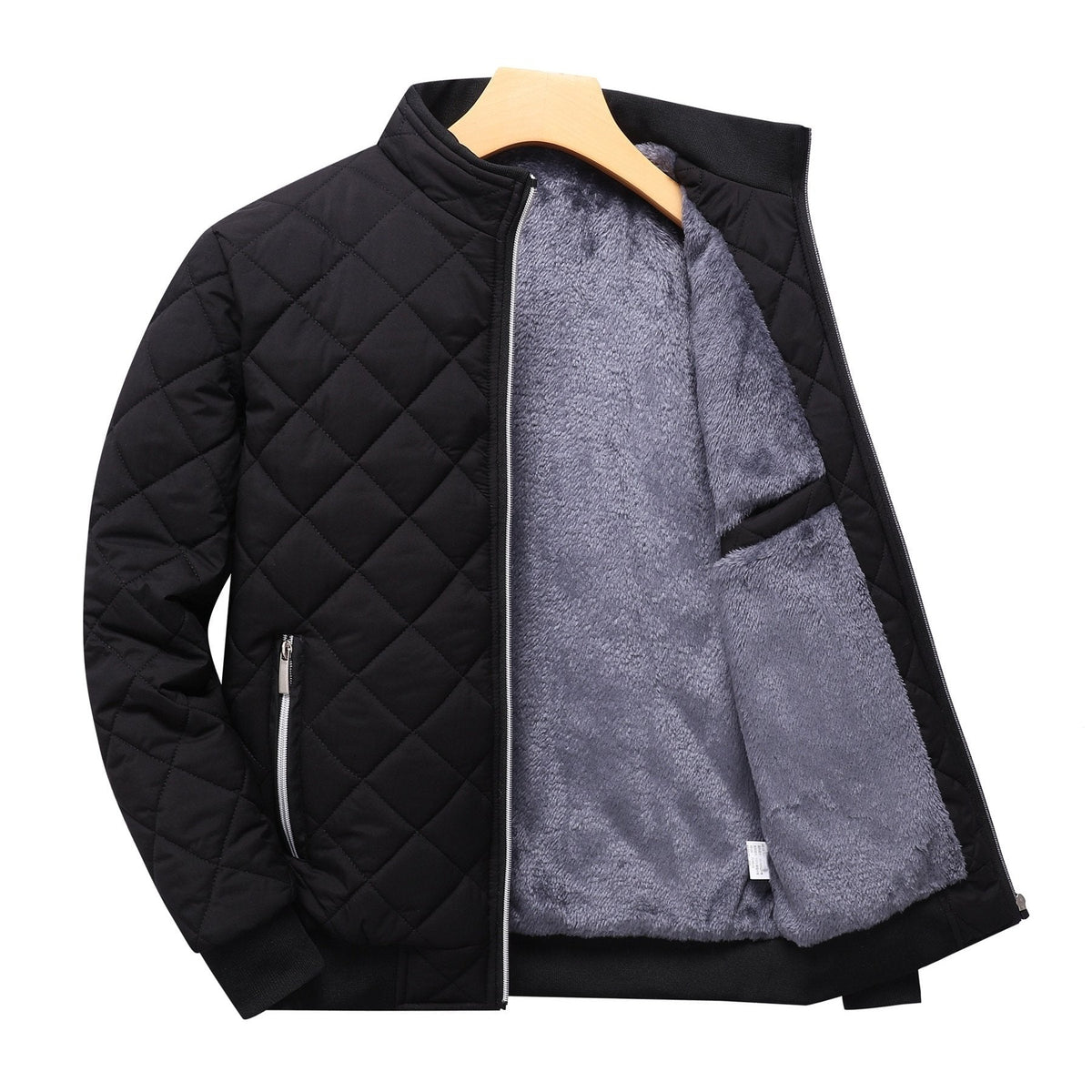 Men's Quilted Fleece-Lined Bomber Jacket | Warm Diamond-Stitch Black Casual Everyday Bomber | Smart Casual Everyday Autumn Winter Outerwear