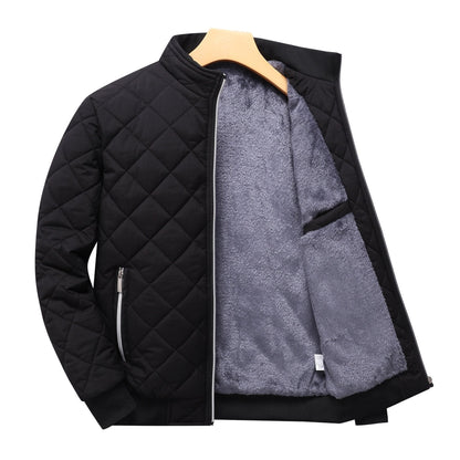 Men's Quilted Fleece-Lined Bomber Jacket | Warm Diamond-Stitch Black Casual Everyday Bomber | Smart Casual Everyday Autumn Winter Outerwear