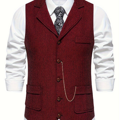 Men's Herringbone Single-Breasted Waistcoat | Classic Tailored Formal Casual Vest | Smart Formal Business Casual Office Waistcoat