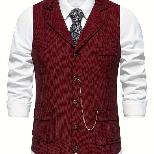 Men's Herringbone Single-Breasted Waistcoat | Classic Tailored Formal Casual Vest | Smart Formal Business Casual Office Waistcoat