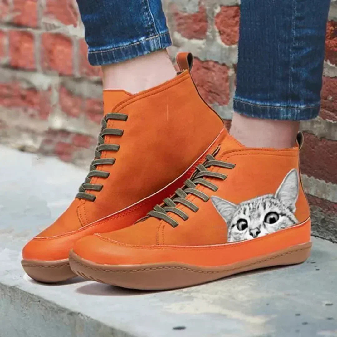 Women's Cat Print High-Top Lace-Up Boots | Fun Novelty Leather-Look Ankle Boots | Casual Everyday Streetwear Shoes