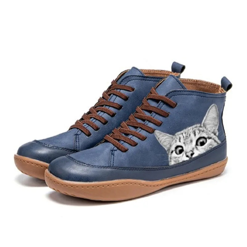 Women's Cat Print High-Top Lace-Up Boots | Fun Novelty Leather-Look Ankle Boots | Casual Everyday Streetwear Shoes