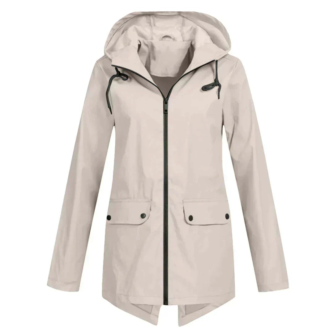 Women's Long Hooded Raincoat – Waterproof Everyday Jacket – Apricot