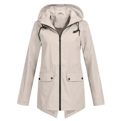 Women's Long Hooded Raincoat – Waterproof Everyday Jacket – Apricot