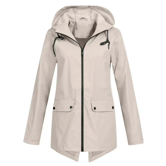 Women's Long Hooded Raincoat – Waterproof Everyday Jacket – Apricot