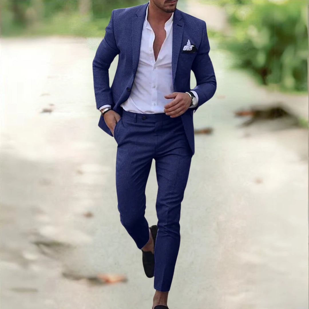 Men's Slim Fit Two-Piece Suit – Blazer & Trousers for Business Wear – Dark Blue