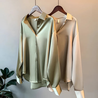 Women's Satin Button-Up Blouse – Elegant Shirt for Work & Evening