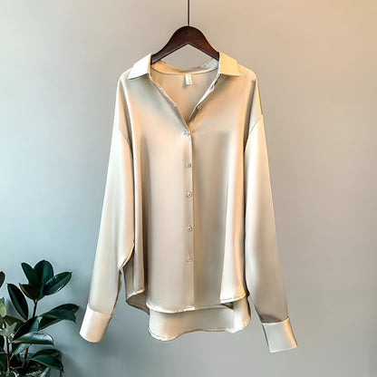 Women's Satin Button-Up Blouse – Elegant Shirt for Work & Evening – Champagne