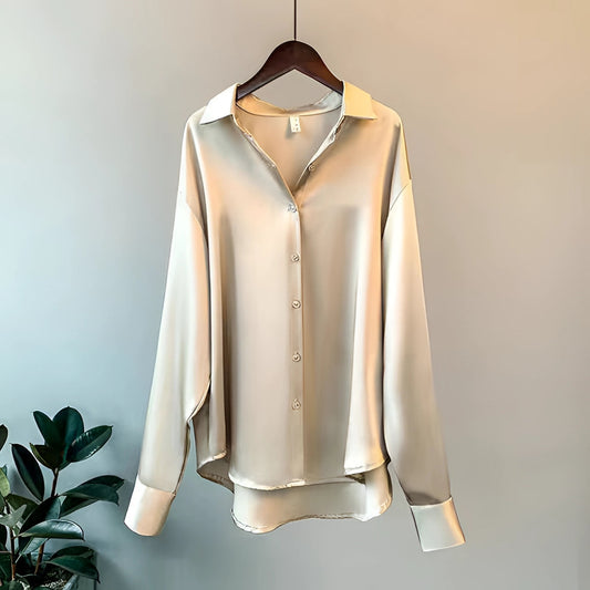 Women's Satin Button-Up Blouse – Elegant Shirt for Work & Evening – Champagne