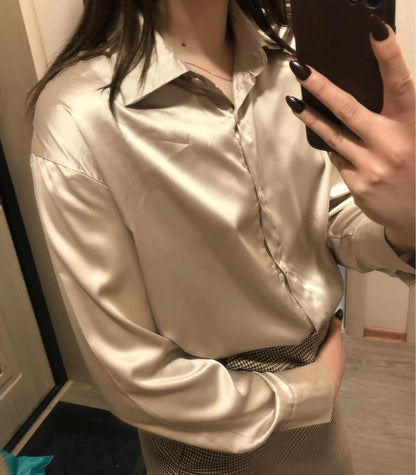 Women's Oversized Satin Button-Up Blouse – Elegant Relaxed Shirt