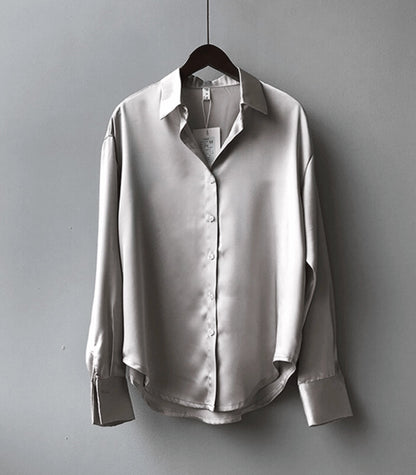 Women's Oversized Satin Button-Up Blouse – Elegant Relaxed Shirt