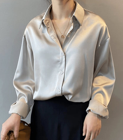 Women's Oversized Satin Button-Up Blouse – Elegant Relaxed Shirt