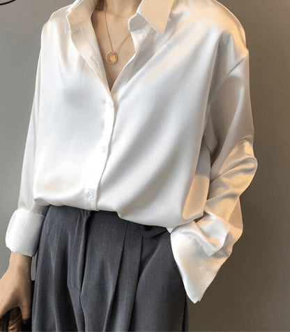 Women's Oversized Satin Button-Up Blouse – Elegant Relaxed Shirt