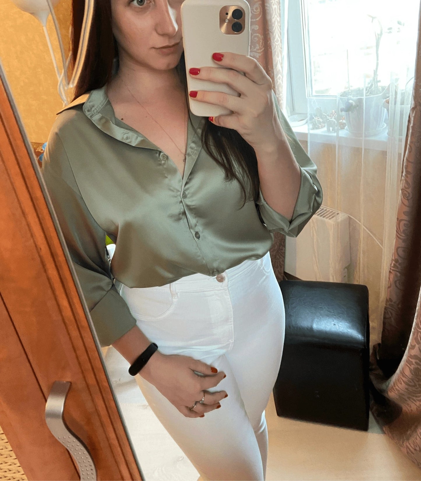 Women's Oversized Satin Button-Up Blouse – Elegant Relaxed Shirt