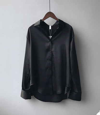 Women's Oversized Satin Button-Up Blouse – Elegant Relaxed Shirt