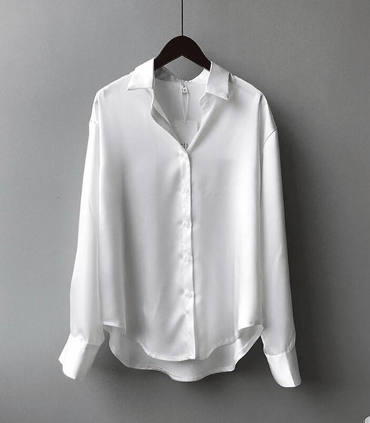 Women's Oversized Satin Button-Up Blouse – Elegant Relaxed Shirt – White