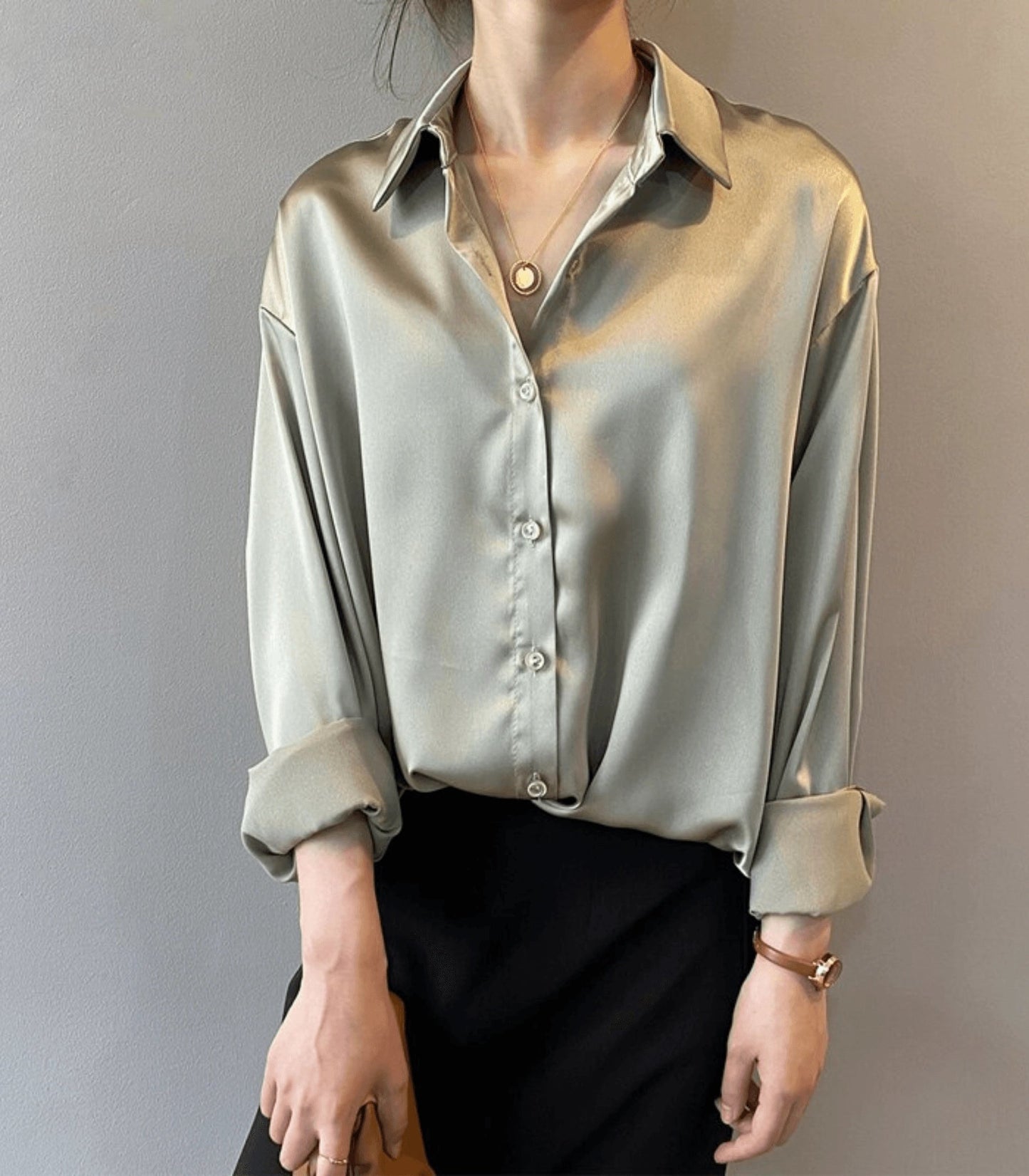 Women's Oversized Satin Button-Up Blouse – Elegant Relaxed Shirt