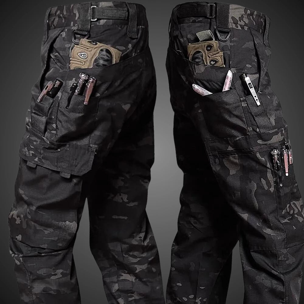 Men's Camouflage Cargo Pants – Multi-Pocket Outdoor Trousers – Black Camouflage