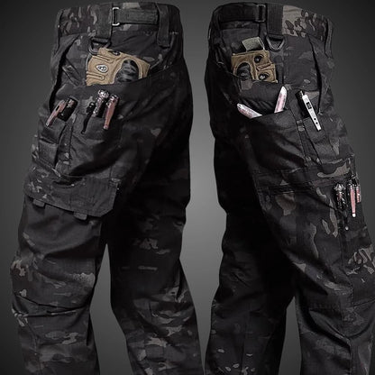 Men's Camouflage Cargo Pants – Multi-Pocket Outdoor Trousers – Black Camouflage