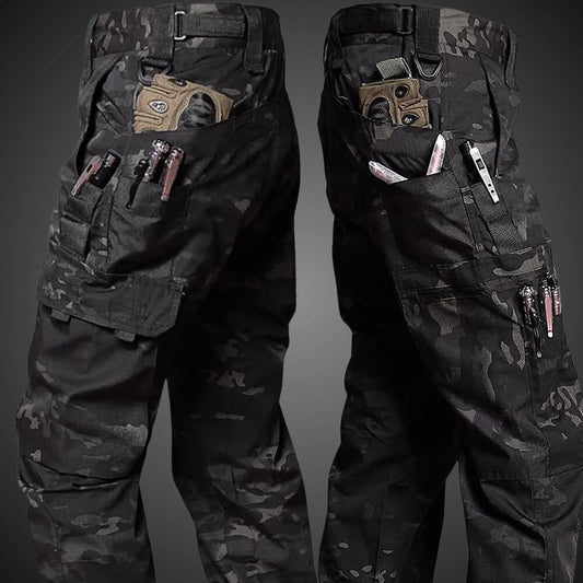 Men's Camouflage Cargo Pants – Multi-Pocket Outdoor Trousers – Black Camouflage