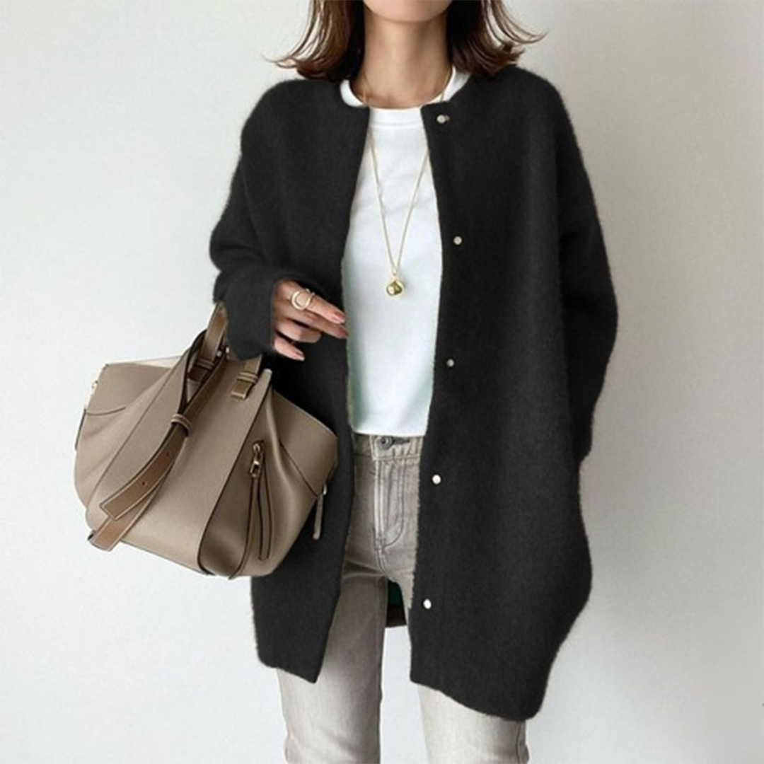 Flauschige Mohair-Strickjacke für Damen mit offenem Vorderteil | Weiche kuschelige Khaki-Strickjacke mit Knöpfen für jeden Tag | Elegant-lässige Strickmode für Herbst und Winter