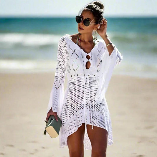 Cleo Women's Beach Cover Up | Asymmetrical Crochet Knit, Lightweight Mini Dress 0