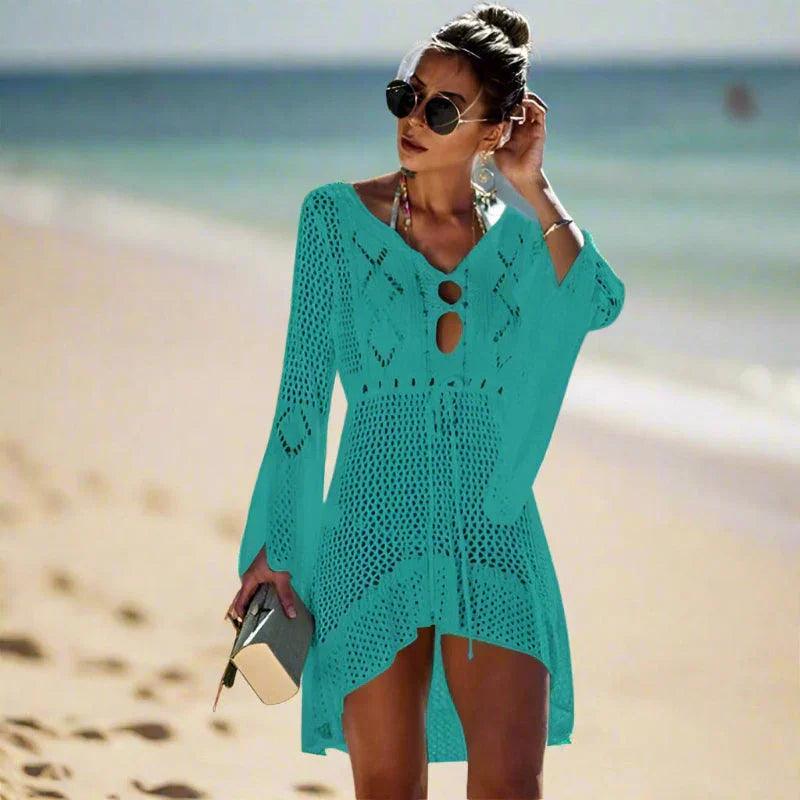 Cleo Women's Beach Cover Up | Asymmetrical Crochet Knit, Lightweight Mini Dress 2