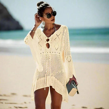 Cleo Women's Beach Cover Up | Asymmetrical Crochet Knit, Lightweight Mini Dress 3
