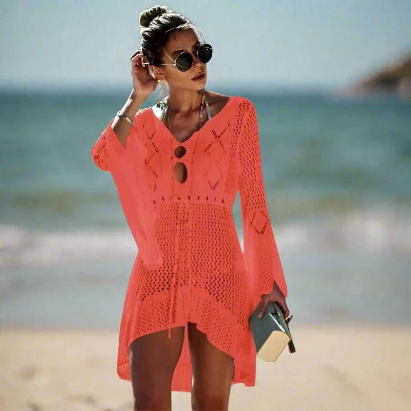 Cleo Women's Beach Cover Up | Asymmetrical Crochet Knit, Lightweight Mini Dress 5