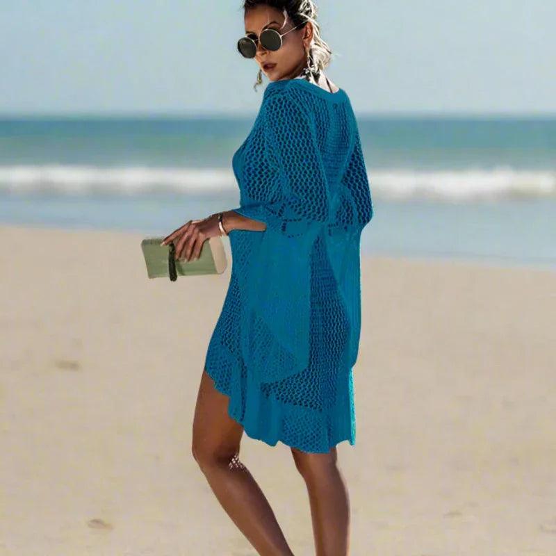 Cleo Women's Beach Cover Up | Asymmetrical Crochet Knit, Lightweight Mini Dress 7