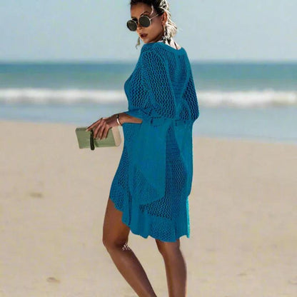 Cleo Women's Beach Cover Up | Asymmetrical Crochet Knit, Lightweight Mini Dress 7