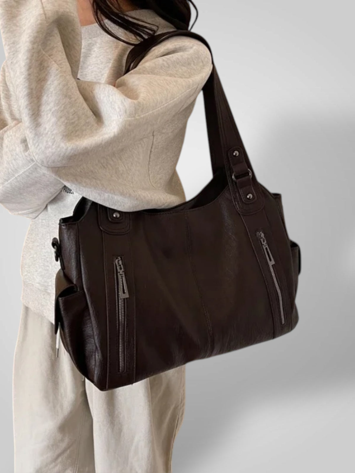 Damen-Schultertasche aus Leder mit mehreren Fächern | Hellbraune lässige elegante Alltagshandtasche mit Reißverschluss | Tasche für Smart Casual, Alltag und Ausgehen