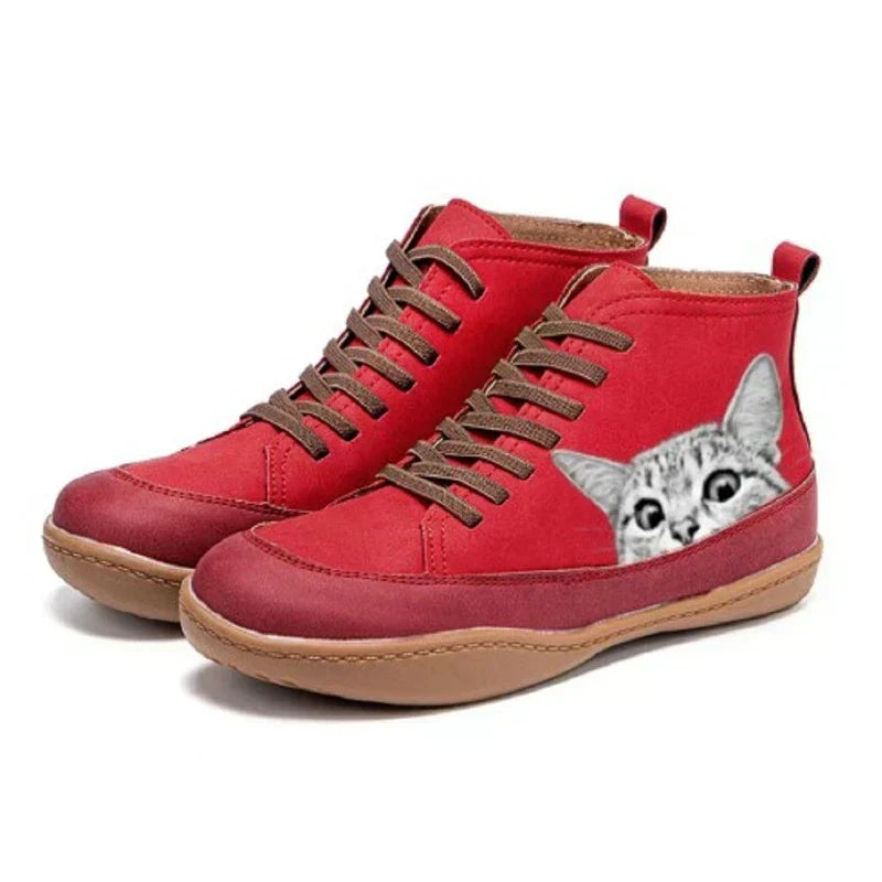 Women's Cat Print High-Top Lace-Up Boots | Fun Novelty Leather-Look Ankle Boots | Casual Everyday Streetwear Shoes