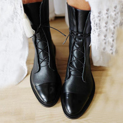 Damen-Stiefel aus Leder mit Schnürung und mittlerer Schafthöhe | Klassische schwarze, lässige, elegante Stiefel für jeden Tag | Smart-Casual-Stiefel für Herbst und Winter