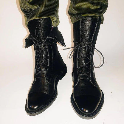 Damen-Stiefel aus Leder mit Schnürung und mittlerer Schafthöhe | Klassische schwarze, lässige, elegante Stiefel für jeden Tag | Smart-Casual-Stiefel für Herbst und Winter